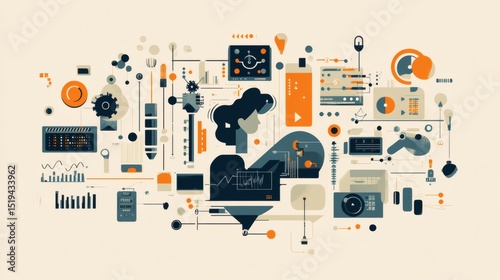 Abstract illustration of interconnected technology and data processing systems, featuring a central human figure.