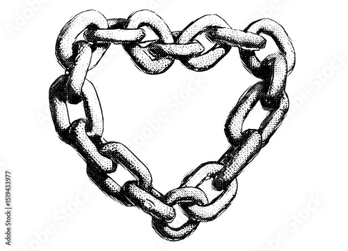 Vector illustration of heart shaped chain, halftone stipple effect, grunge punk y2k collage, dotted texture, grainy photocopy texture, retro banner design, vintage retro aesthetics.