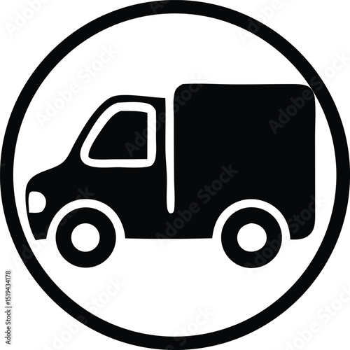 Black and white delivery truck icon in a circle simple design graphic