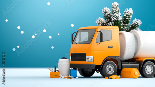Winter scene construction truck with pine trees snowy environment 3d rendered illustration