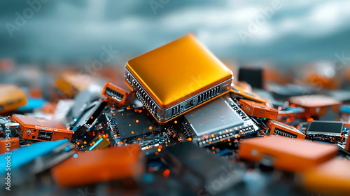 Technology revolution electronics industry image of microchips urban environment close-up view innovation concept