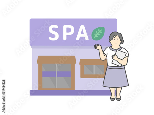案内をする美容部員の女性  スパ  建物  イラスト