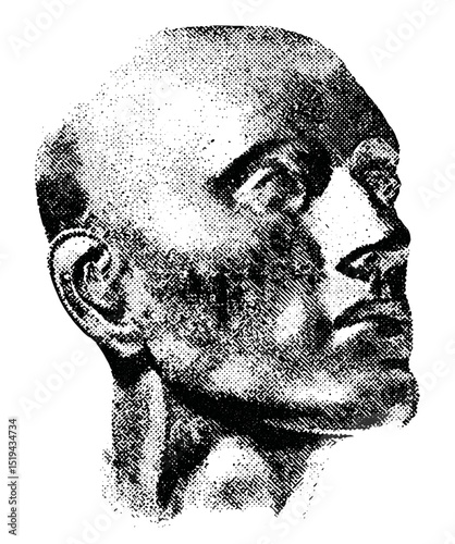 Human head model with halftone stipple effect for grunge punk Y2K collage design, vector illustration with grainy photocopy texture, experimental dotted retro banner, artistic concept.