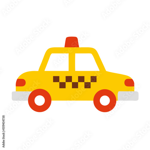 Bright yellow taxi cab with red wheels and light sits on a white background showcasing urban transportation
