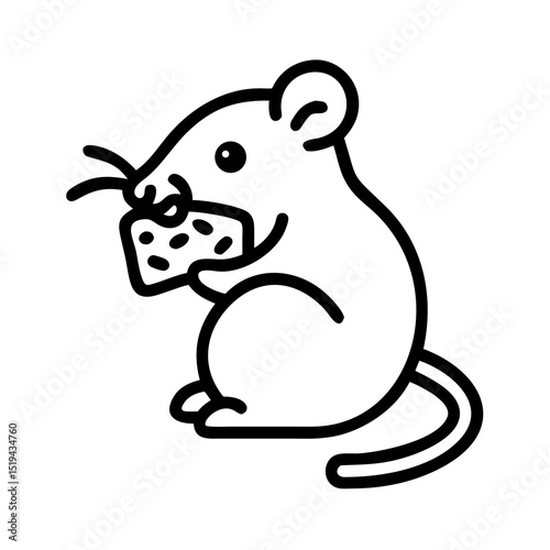 Cute cartoon mouse enjoying a piece of cheese while sitting on its hind legs in a simple line art style