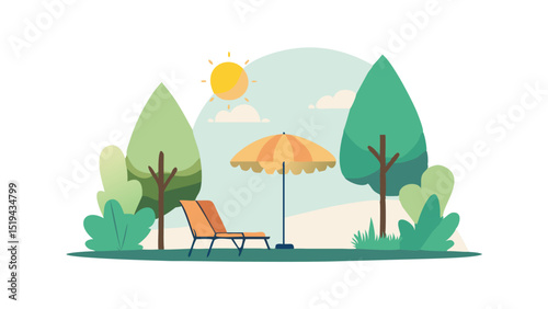 Relaxing sunny day in a vibrant garden with a lounge chair and umbrella surrounded by lush greenery