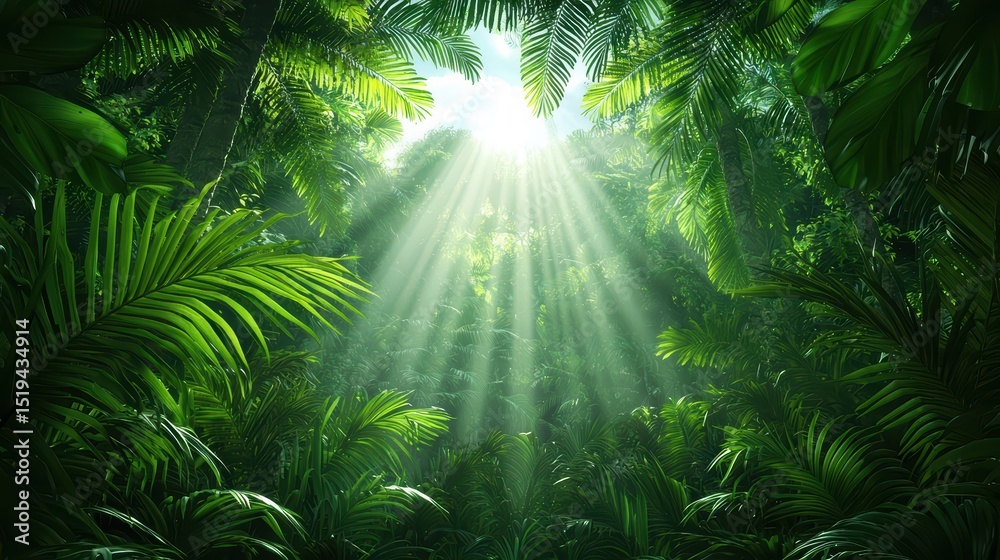 Obraz premium Lush Jungle Landscape with Sunlight Streaming Through Thick Foliage and Vibrant Green Leaves