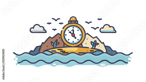 Nature-inspired design featuring a giant clock amidst mountains and water with clouds in the background during daylight