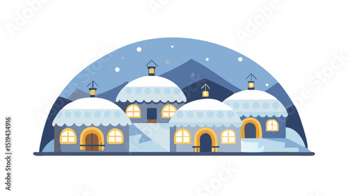 Winter village with cozy cottages under a snowy sky at night showcasing festive decorations and a serene atmosphere
