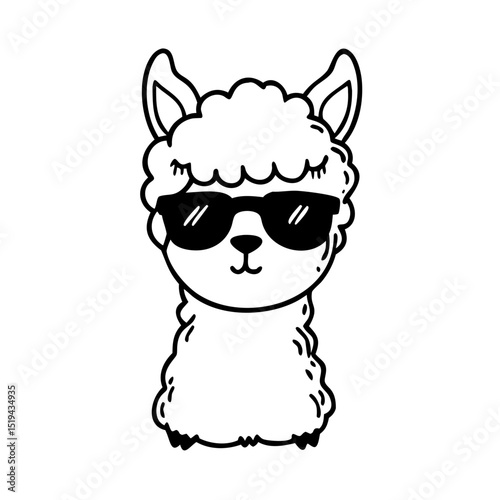 Cool llama wearing sunglasses stands confidently in a simple and playful style against a blank background