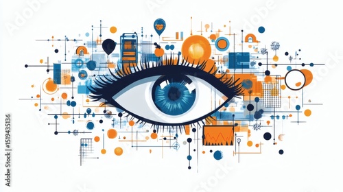 Abstract eye with interconnected data points, lines, and shapes in blue and orange hues.