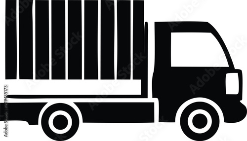 Black and white illustration of a small delivery truck carrying a cargo container