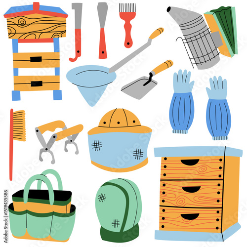 Beekeeping tools and protective equipment. Essential beekeeping supplies including smoker, hives, protective gear, and tools for handling bees and honey production.