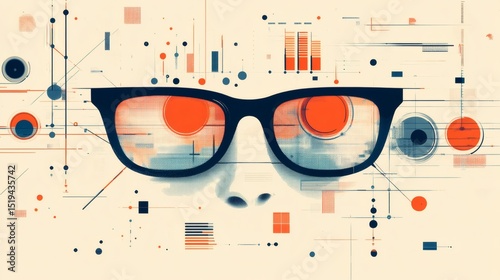 Abstract face with glasses, overlaid with geometric shapes and data visualizations.