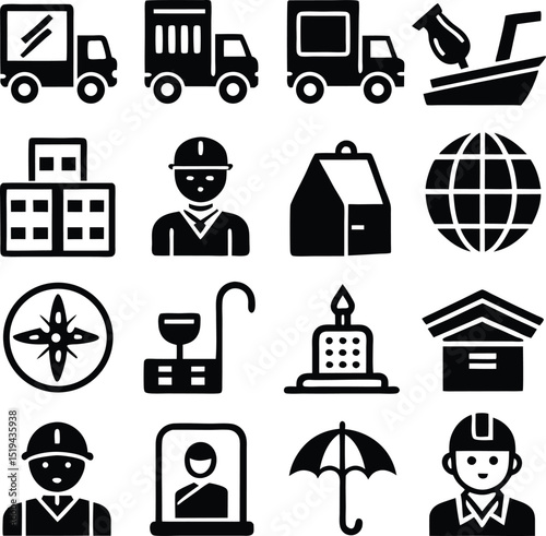 Collection of sixteen black glyph icons representing diverse aspects of logistics and global shipping