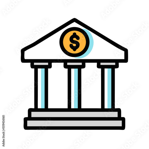 Bank building with columns and a dollar sign symbolizing financial services and economy