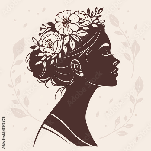 Beautiful illustration of a woman with flowing hair and a floral design, her face in profile adorned with a delicate butterfly, embodying fashion and art
