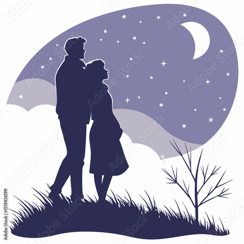 Romantic silhouette of a loving couple under an umbrella on a starry blue night
