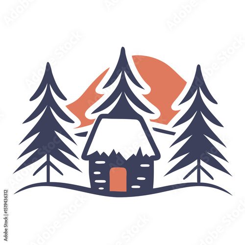 Cozy cabin nestled among pine trees with a sunset backdrop in a serene winter landscape