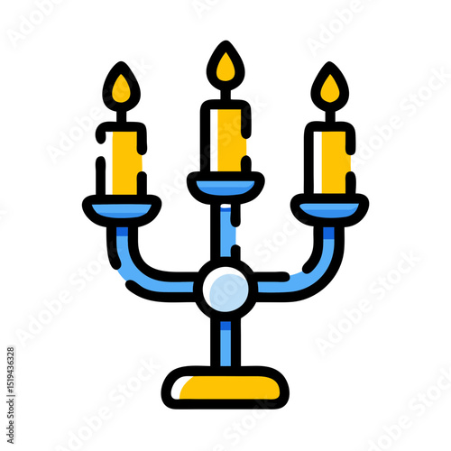 Elegant three-armed candlestick with yellow candles and blue base in a bright, simple design setting