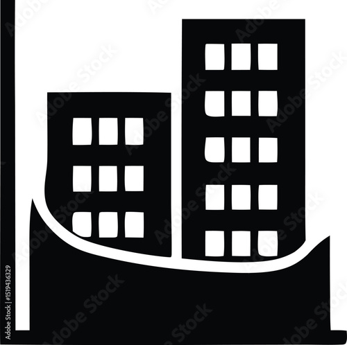 Abstract black and white illustration of buildings on a boat or dock