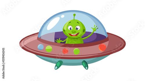 Cute alien character waves from colorful spaceship in a whimsical outer space setting with stars