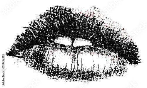 Lipstick mouth with halftone stipple effect for grunge punk Y2K collage design, vector illustration in grainy photocopy texture, experimental dotted retro banner design, pop art, retro aesthetic.