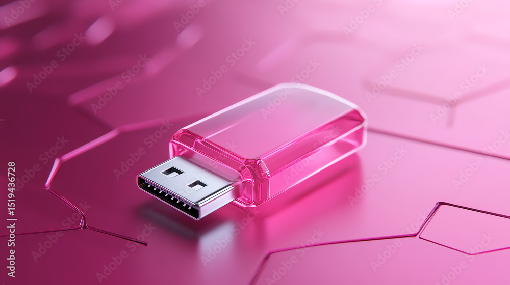 Fototapeta premium A vibrant pink USB flash drive resting on a hexagonal surface, symbolizing modern data storage and digital innovation.