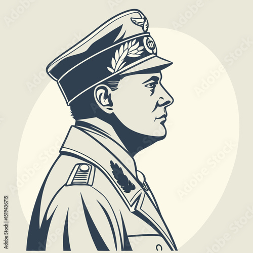 Retro vector illustration of a person: a soldier, pirate, policeman, or other military worker in uniform with a hat or cap