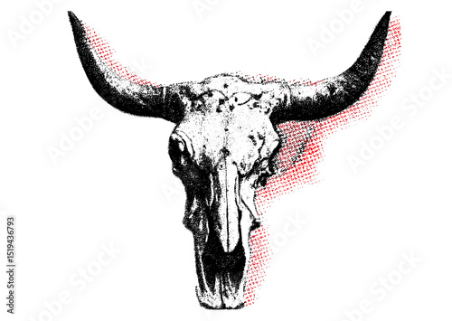 Longhorn cow skull vector illustration with halftone stipple effect, grunge punk y2k collage design, grainy photocopy texture for retro banner design, experimental dotted art.
