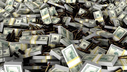 Money and bullets. Bundles of US dollar bills. Concept of war 3d render	