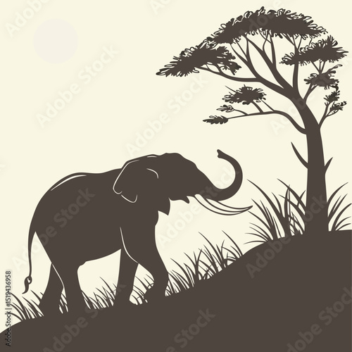 African wild elephants family silhouette at sunset on a field with a tree