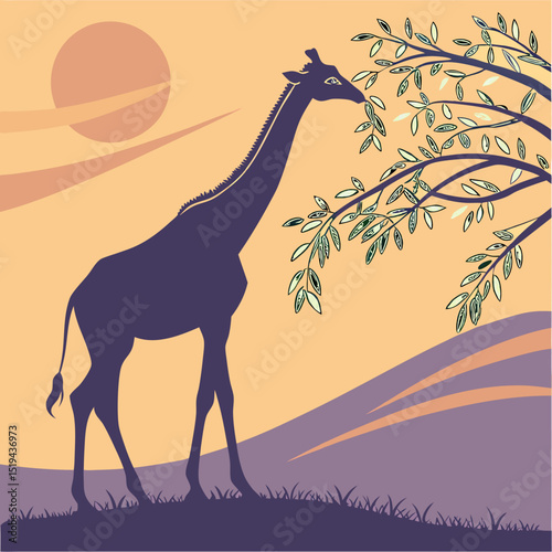 Silhouette of a wild giraffe on a safari desert landscape at sunset, an illustration capturing the essence of nature and wildlife