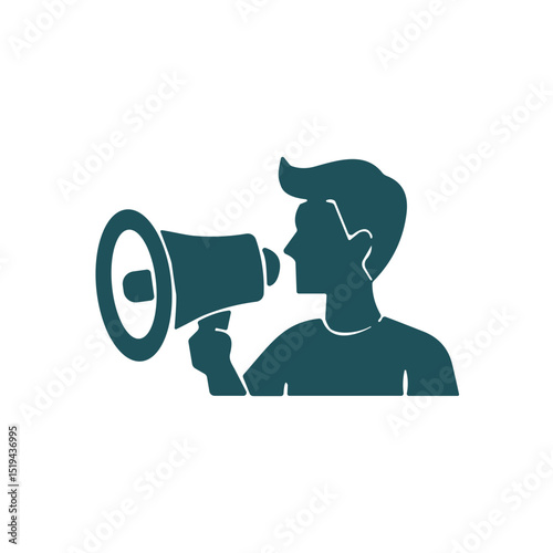 Person shouting into a megaphone, teal silhouette on white, for social media