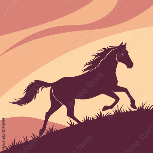 Running wild stallion silhouette on a beach, a powerful black equine vector illustration