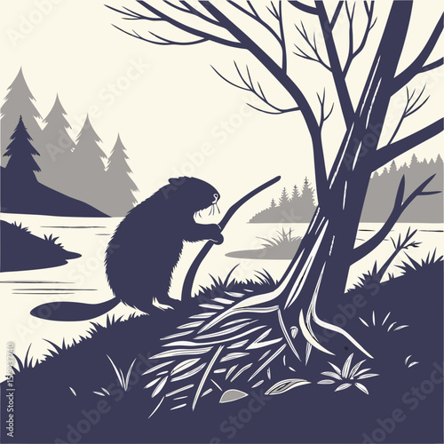 Illustrated beaver building a dam by a lake with trees in background