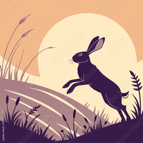Energetic hare leaping gracefully across a stylized landscape at dusk illustration