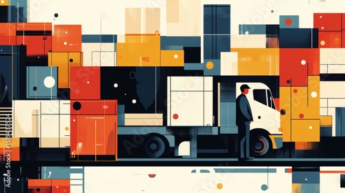 Abstract geometric artwork depicting a delivery truck and driver amidst colorful blocks.