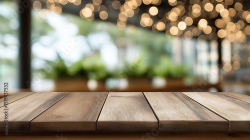 A clean, empty wooden table with a blurred background of warm, glowing bokeh lights, creating an inviting and atmospheric space