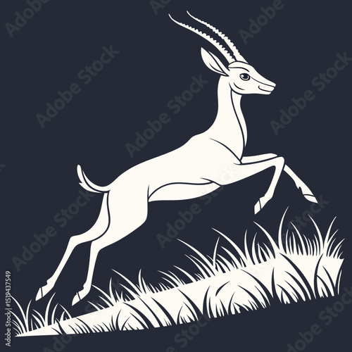 Elegant monochrome illustration of a leaping antelope or gazelle over grass