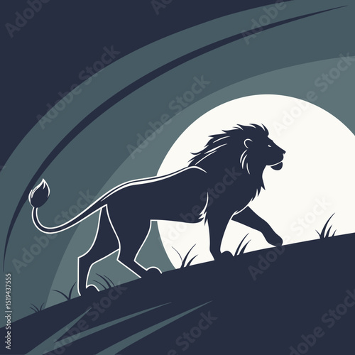 Silhouette of a Majestic Lion Walking Under a Crescent Moon Art Illustration