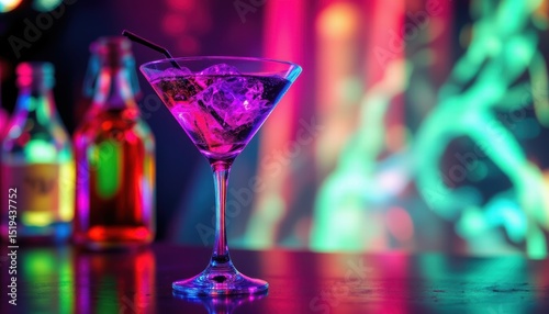 vivid neon cocktail glass, hypnotic drink at a rave party, in hyper realistic style with violet tones