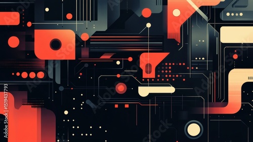 Abstract geometric artwork featuring red, orange, and beige shapes on a dark background, resembling a circuit board.