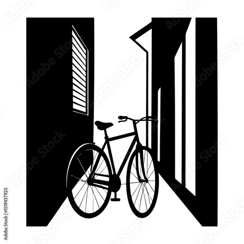 A bicycle parked in a narrow alleyway with a window and buildings nearby