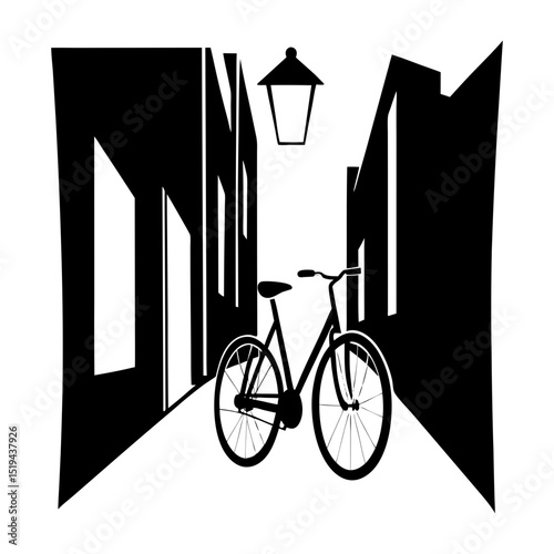 A bicycle parked in a narrow alleyway with a hanging street lamp above