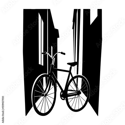 Silhouette of a bicycle parked in an alleyway between buildings in black