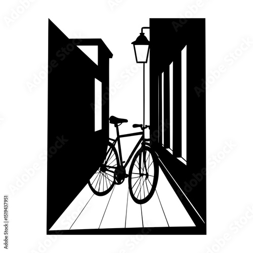 Bicycle parked in a narrow street with a lamppost in black and white