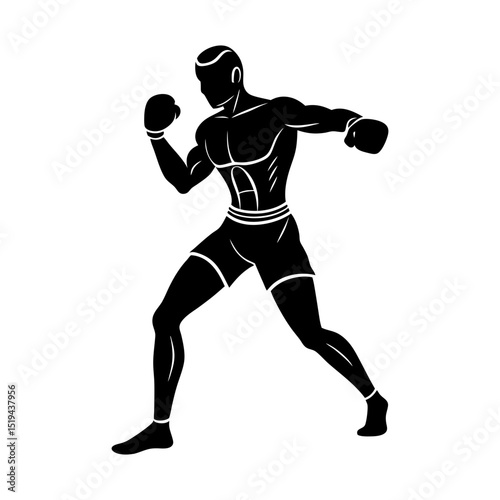 Illustration of a muscular boxer in boxing stance with gloves ready to fight