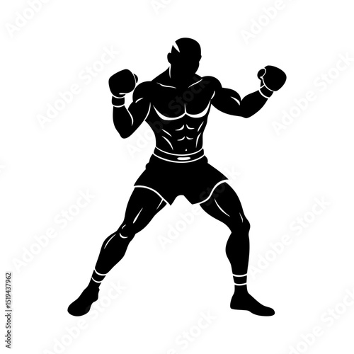 Silhouette of a muscular boxer in fighting stance with boxing gloves on