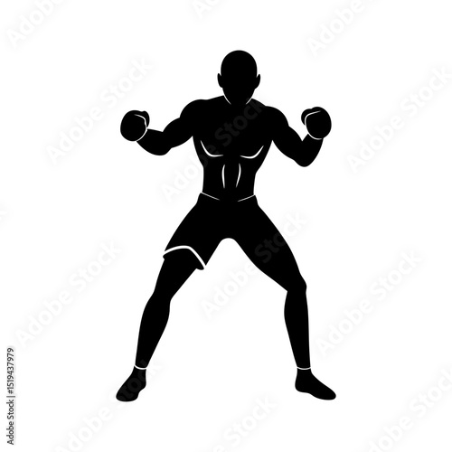 Silhouette of a muscular boxer in fighting stance with gloves raised ready